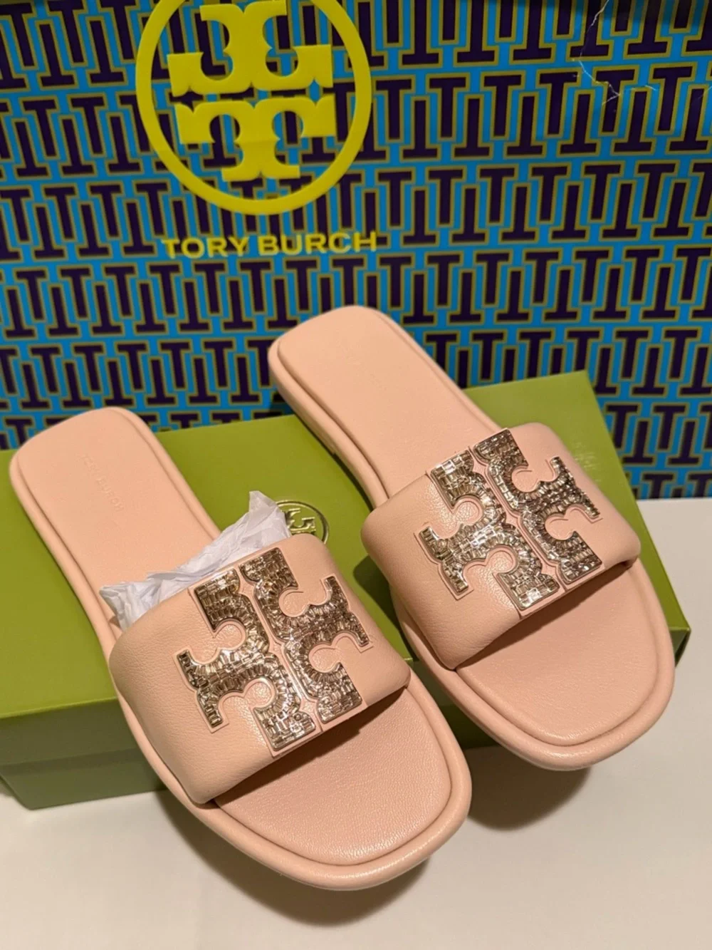 Tory Burch Shell Pink Double T Deco Sport Slide Sandals